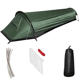 Ultralight 1-Person Biwakzelt in Dunkelgrün, ideal für Outdoor Camping und Wandern, leicht und wasserdicht, mit Tragetasche.
