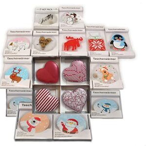 10er Set Taschenwärmer mit verschiedenen lustigen Motiven wie Elch, Schneemann, Eisbär, Herz, Lama, Pinguin und Nikolaus, ideal für kalte Tage.