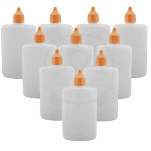 Set von 10 ovalen 50 ml Plastik Leerflaschen mit orangen Kappen, ideal zum sicheren Dosieren und Lagern von Flüssigkeiten.
