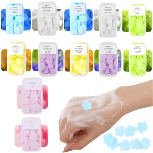 12er Set farbige Papierseifenblätter in einer transparenten Kunststoffbox für Reisen und Outdoor-Aktivitäten, mit verschiedenen Düften einschließlich Lavendel und Zitrone