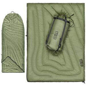 1TG Tactical 4 in 1 Campingdecke in Olivgrün, die vielseitig als Schlafsack, Umhang oder Picknickdecke genutzt werden kann, ideal für Outdoor-Aktivitäten.