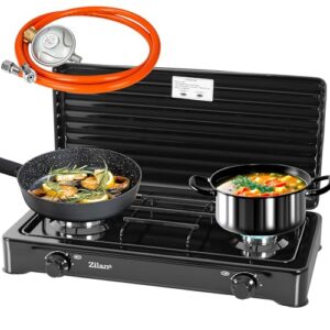 2-flammiger Gaskocher in Schwarz, ideal für Camping und Outdoor-Kochen, mit zwei Kochfeldern und sichtbarem Gasschlauch.