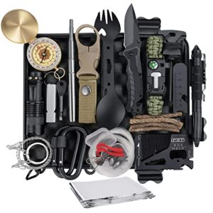 20 in 1 Survival-Kit mit unverzichtbaren Outdoor-Werkzeugen für Camping und Notfälle, inklusive Kompass, Taschenlampe und Angelzubehör in einem kompakten und robusten Behälter.