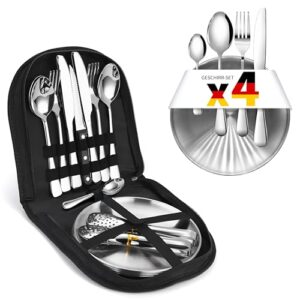 23-teiliges Camping Geschirr Set mit Edelstahl Besteck und Teller in praktischer Tragetasche, ideal für Outdoor-Aktivitäten, Picknicks und Grillen.