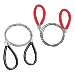 Zwei Stück Edelstahl-Drahtsägen mit ergonomischen Griffen, ideal für Camping und Outdoor-Aktivitäten, als vielseitige Holzschnittwerkzeuge präsentiert.