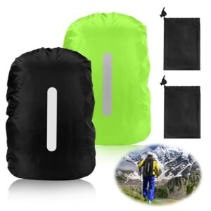 Zwei wasserdichte Rucksackhüllen in Neon-Grün und Schwarz mit reflektierenden Streifen, idealer Regenschutz für Rucksäcke von 30 bis 40 Litern, inklusive Aufbewahrungstaschen.