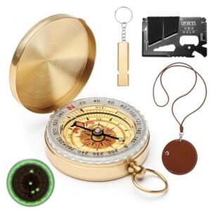 QMLING 4-teiliges Messing Kompass Outdoor Set mit wasserdichtem Kompass, Multifunktions-Werkzeugkarte, Lederetui und Metallpfeife für Outdoor-Aktivitäten.