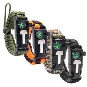 Set aus 4 verschiedenen Paracord Überlebensarmbändern mit integriertem Kompass, Feuerstein, Pfeife, Schirmseil und Mini-Säge, ideal für Outdoor-Aktivitäten