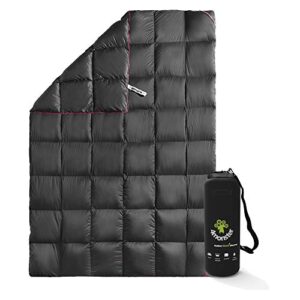 Dunkelgraue gefüllte Daunendecke mit quadratischem Karomuster auf einer Fläche ausgebreitet, neben einem praktischen schwarzen Aufbewahrungsbeutel. Ideal für Camping und Outdoor-Aktivitäten.