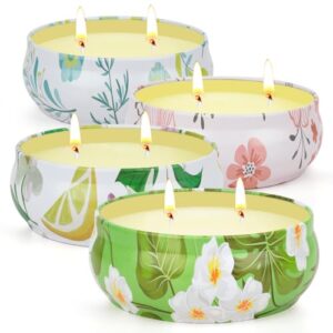 Vier dekorative Citronella Kerzen aus natürlichem Sojawachs in stilvollen Schalen, die eine entspannende Atmosphäre im Garten oder auf der Terrasse schaffen.