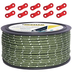 50 Meter lange reflektierende Nylon-Schnur in Armeegrün, ideal für Outdoor-Aktivitäten wie Camping und Angeln, mit Aluminiumlegierung Spanner für einfache Handhabung.