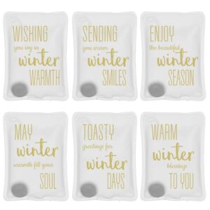 Sechs unterschiedliche Taschenwärmer für Kinder mit fröhlichen Winterbotschaften in goldener Schrift, ideal für kalte Tage und wiederverwendbar.