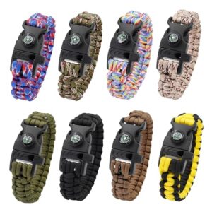 Set von acht verschiedenen 3in1 Notfall Überleben Armbändern mit integrierter Pfeife und Kompass, ideal für Outdoor-Aktivitäten und Camping.