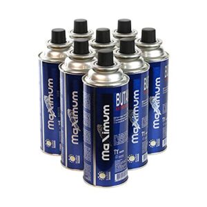 Acht Gaskartuschen mit 227g Butangas für Outdoor-Anwendungen, stapelbar in tiefblauer Farbe mit sicherheitsrelevanten Informationen.