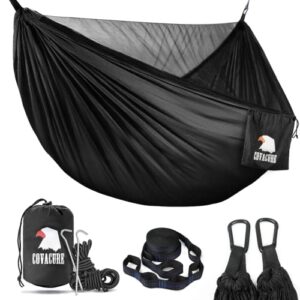 Schwarze Hängematte für Outdoor-Aktivitäten mit Moskitonetz, belastbar bis 350 kg, ideal für Camping und Garten, platzsparend und leicht, inklusive Zubehör.