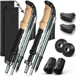 Faltbare COVACURE Wanderstöcke aus Aluminium mit ergonomischen Griffen, ideal für Nordic Walking und Outdoor-Aktivitäten, inklusive Zubehörteilen und Transportbeuteln.