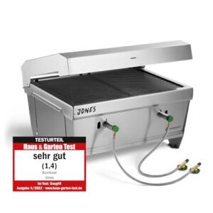 BURNHARD Camping Gasgrill Jones aus Edelstahl mit zwei Brennern und klappbarem Design, ideal für Camping und Outdoor-Aktivitäten.