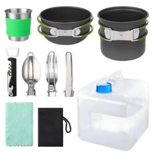9-teiliges Camping Geschirr Set mit Aluminium Töpfen, faltbarem Besteck und Becher für Outdoor Aktivitäten.