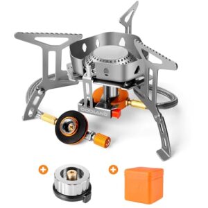 Odoland Campingkocher 3500W mit Piezozündung, winddichtes Design und robuster Bauweise für Outdoor-Aktivitäten wie Camping und Wandern.