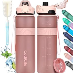 Moderne 1 Liter BPA-freie Trinkflasche in roségold mit breitem Öffnungsbereich und praktischen Wasserstandsmarkierungen, um Hydratation im Alltag zu fördern.