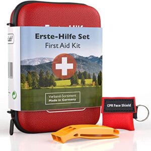 GoLab Erste Hilfe Set für Outdoor-Aktivitäten, DIN 13167, rot, robust mit Signalpfeife und Beatmungsmaske, ideal für Wandern und Radfahren