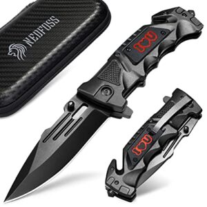 NedFoss DA75 Klappmesser, 10cm Einhandmesser mit Gurtschneider und Glasbrecher, ergonomischer Griff und rutschfeste Oberfläche, ideal für Outdoor und Notfallsituationen