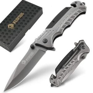 NedFoss FA46 Taschenmesser, einhandbedienbares Rettungsmesser mit Gurtschneider und Glasbrecher, geeignet für Auto und Survival-Situationen, auf ansprechendem Hintergrund.