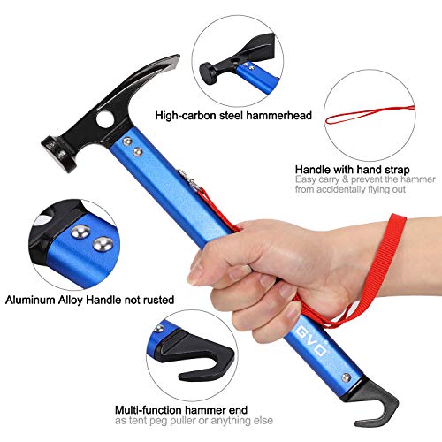 TAGVO Camping Hammer in blauer Farbe mit ergonomischem Design, Kopf aus Kohlenstoffstahl und Griff aus Aluminiumlegierung, ideal für Outdoor-Aktivitäten wie Camping und Wandern.