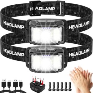Aaizplz Stirnlampe LED mit 2000 Lumen und mehreren Lichtmodi auf schwarzem Hintergrund, inklusive Zubehör wie USB-Ladekabel und Adapter, ideal für Outdoor-Aktivitäten.