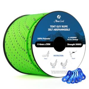 Abma Cord Abspannseile in reflektierendem Neon Grün, 4 mm dick und 30 Meter lang, ideal für Camping und Outdoor-Aktivitäten, mit 6 Seilspannern für einfache Handhabung.