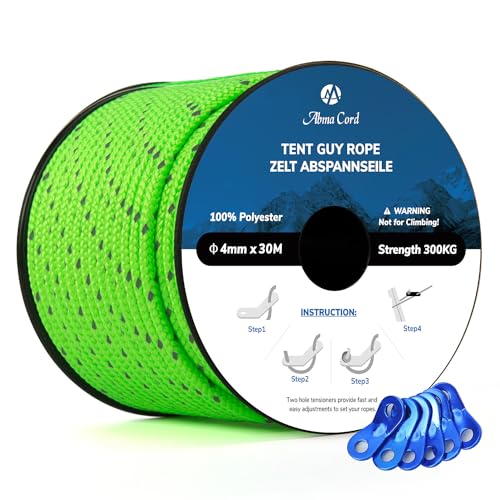 Abma Cord Abspannseile in reflektierendem Neon Grün, 4 mm dick und 30 Meter lang, ideal für Camping und Outdoor-Aktivitäten, mit 6 Seilspannern für einfache Handhabung.