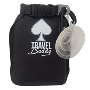 Mobiler Seifenbehälter Ace Travel Buddy in Schwarz mit Karabiner und Saugnapfhaken, ideal für Camping und Dusche.