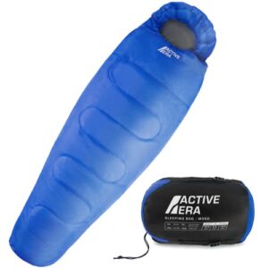 Active Era Mumienschlafsack in blau, ideal für Camping und Outdoor-Aktivitäten, wasserabweisend und winddicht, mit einem kompakten Packmaß und einer Temperaturspanne von -10°C bis 10°C.