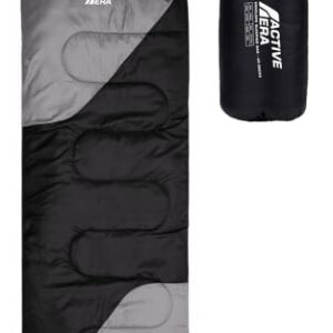 Zwei Varianten des Active Era Premium Mumienschlafsacks: entfaltet und kompakt verpackt. Der Schlafsack ist schwarz mit grauen Akzenten und zeigt das ACTIVE ERA Logo. Ideal für Outdoor-Aktivitäten, Camping und Festivals.