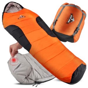 ACTIVE SPARK Schlafsack für Winter und 3 Jahreszeiten in Orange und Schwarz, wasserabweisend, atmungsaktiv, mit Taschenwärmer-Tasche, geeignet bis -20 Grad, ideal für Camping und Outdoor-Aktivitäten.
