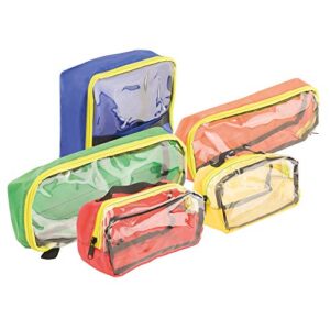 Buntes 5-teiliges Innentaschenset aus Polyester mit transparenten Fenstern zur optimalen Organisation von Kosmetikartikeln und Reiseutensilien in verschiedenen Größen und Farben.