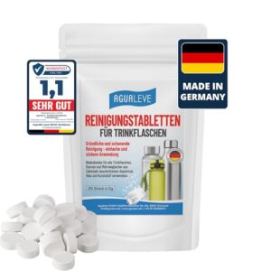 AGUALEVE Reinigungstabletten für die hygienische Reinigung von Trinkflaschen, Kannen und Bechern, verpackt in einem weißen Beutel mit blauen und grünen Elementen, Made in Germany.