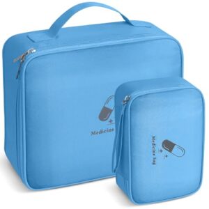 Set aus zwei wasserdichten Medikamententaschen in hellblauem Farbton, eine große und eine kleine Tasche, ideal für die Aufbewahrung von Medikamenten unterwegs.