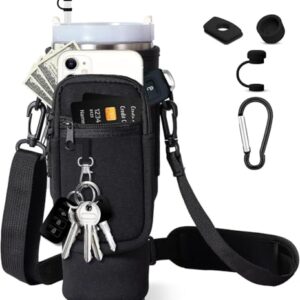 AIROLDI Tasche für Stanley Cup 1.2L in Schwarz mit Handyfach, tragbare Wasserflasche Tasche, verstellbarem Schultergurt und Karabiner für Outdoor-Aktivitäten.