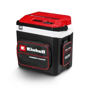 Akku-Kühlbox TE-COL 18/27 Li-Solo mit modernem Design, ideal für Camping und Ausflüge, in mattschwarz mit rotem Deckel und praktischem Zubehör.