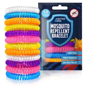 Aktive Era Mückenschutz Armbänder im 12er-Pack in bunten Farben, die hochwertigen Schutz vor Mücken bieten, verpackt für Outdoor-Aktivitäten.