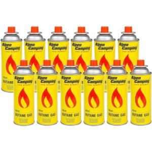 Alpen Camping Butan Gaskartuschen 12x400ml in auffälliger Anordnung, ideal für Gaskocher und Outdoor-Aktivitäten.