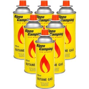 Sechs zylindrische Butan-Gaskartuschen in auffälligem Gelb mit rotem Flammensymbol für Gaskocher und Campinggeräte, ideal für Outdoor-Aktivitäten.