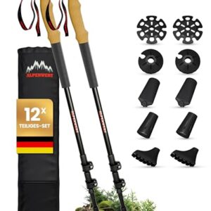 ALPENWERT Wanderstöcke aus Aluminium mit Korkgriffen, verstellbar von 65 cm bis 135 cm, geeignet für Wandern, Nordic Walking und Skitouren, inklusive Tragetasche und verschiedenen Aufsätzen.