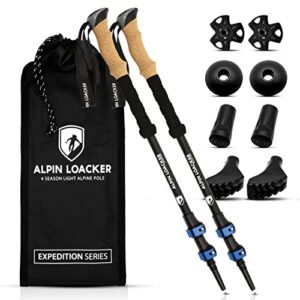 ALPIN LOACKER Teleskop Wanderstöcke aus Aluminium mit ergonomischen Korkgriffen, präsentiert in einem praktischen Aufbewahrungsbeutel, ideal für Wandern und Nordic Walking.
