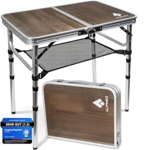 ALPINEZ Campingtisch 60x40 klappbar und höhenverstellbar, ideal für Outdoor-Aktivitäten, mit stabilem Aluminiumgestell und MDF-Tischplatte, inkl. Netzablage für praktische Aufbewahrung