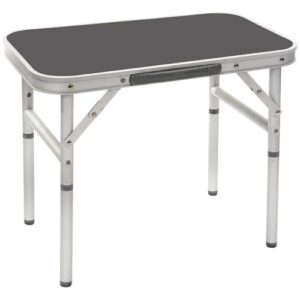 Kompakter Aluminium Mini Campingtisch in grau mit klappbarer Tischplatte und höhenverstellbaren Beinen, ideal für Outdoor-Aktivitäten und Garten