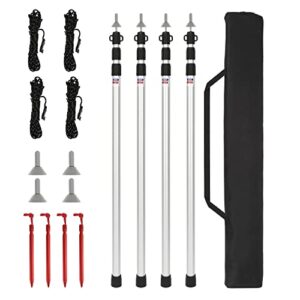 Vier höhenverstellbare Aluminium-Zeltstangen mit Zubehör in einer Tragetasche, ideal für Camping und Outdoor-Aktivitäten