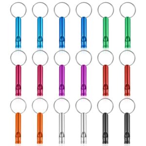 18 Stück Aluminium Trillerpfeifen in verschiedenen Farben für Outdoor-Aktivitäten. Robust und extra laut, ideal für Sicherheit beim Camping, Wandern und Bootfahren.