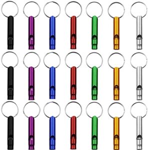 Set aus 21 Aluminiumlegierung Sport Pfeifen mit Schlüsselanhängern in verschiedenen Farben, ideal für Outdoor-Aktivitäten wie Wandern, Camping und Schiedsrichterwesen.